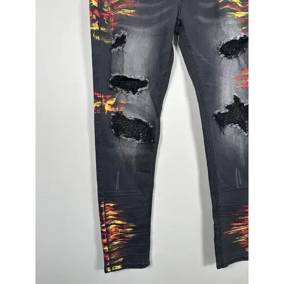 KDNK Smocked PU Jeans With Multi-Paint Splatter Mens Size 34 - Picture 4 of 11